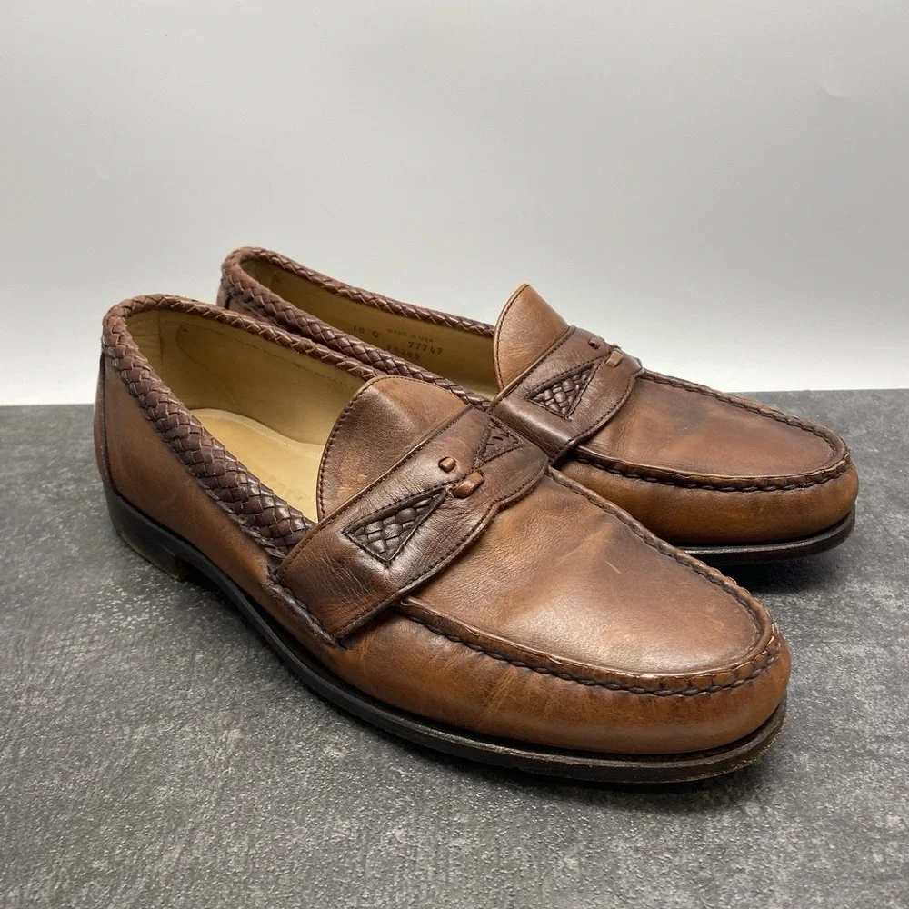 Vintage FootJoy Brown Leather Loafers Mens 10 C Woven Accent 77749 Made In USA